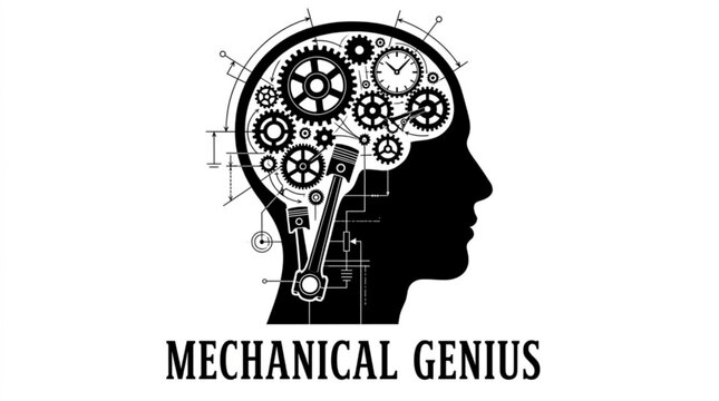 Silhouette of a human head filled with intricate gears and mechanical parts, symbolizing intellect and innovation.