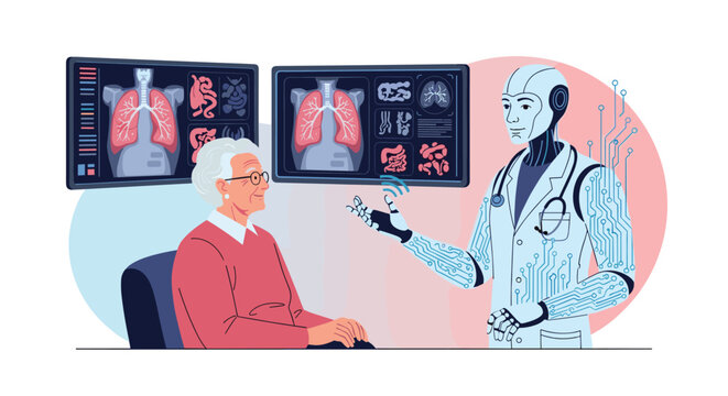 Futuristic robot doctor in a white lab coat consulting with an elderly female patient while showing digital medical scans on wall monitors.