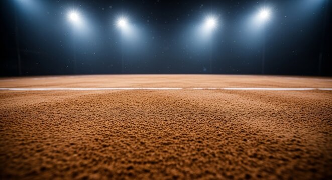 A dramatic low-angle view of a tennis clay court under bright stadium lights at night.