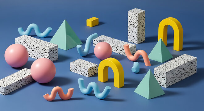 Abstract colorful Memphis style art background featuring 3d art geometric shapes, spheres, pyramids and terrazzo patterns on blue. Creative vector illustration design.