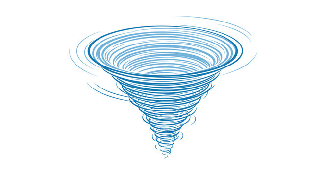 Detailed illustration of a swirling blue tornado or vortex funnel against a white background representing powerful weather forces.