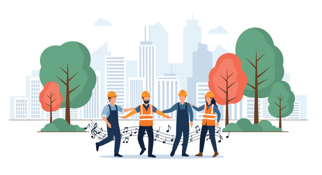 Four construction workers in safety gear dancing happily in front of a city skyline and green trees with musical notes around.
