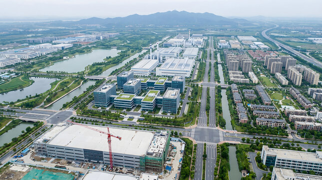 Aerial view of Hangzhou Future Sci-Tech City industrial park with modern buildings and green infrastructure