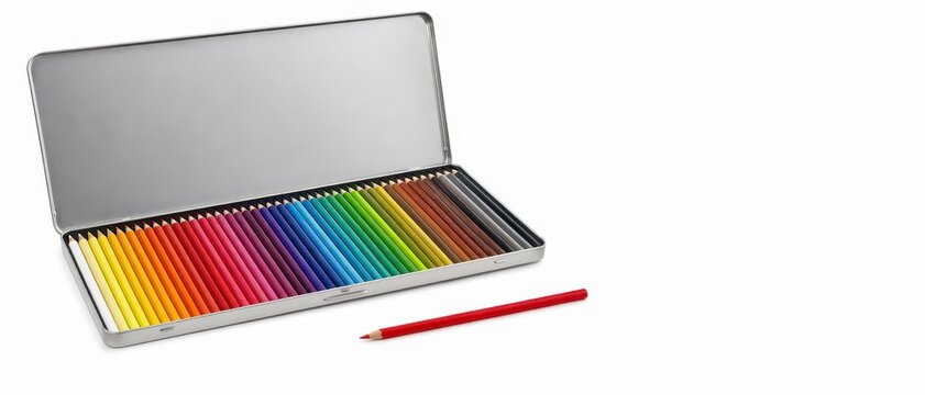 premium metal tin case opened to reveal bright multicolored pencils sorted in a smooth color gradient with one pencil placed separately as a hero element on white background