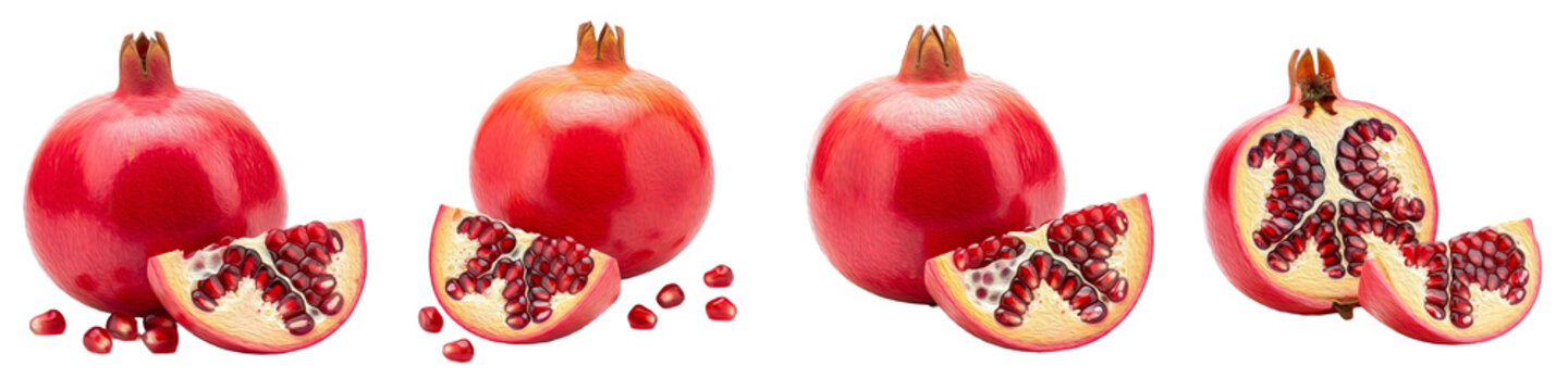 Fresh Red Pomegranate Whole Fruit and Juicy Seeds Collection Isolated on White Background. Organic Punica Granatum Set for Healthy Food Photography and PNG Design.
