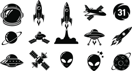 Space Exploration and UFO Icons Set with Astronaut, Rocket, UFO, Satellite, Alien, and Planet for Outer Space and Science Fiction Designs © Firoz