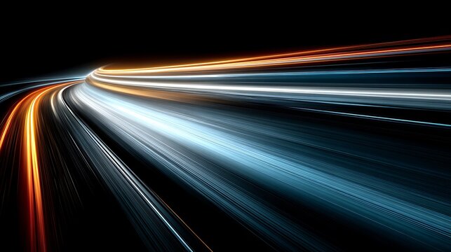 Abstract light trails with dynamic motion blur and vibrant orange and blue streaks representing high-speed data transfer, fiber optic technology, and futuristic digital connectivity