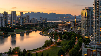 Naklejka premium Vancouver downtown skyline at dusk with river reflections, high-rise buildings, and mountain backdrop