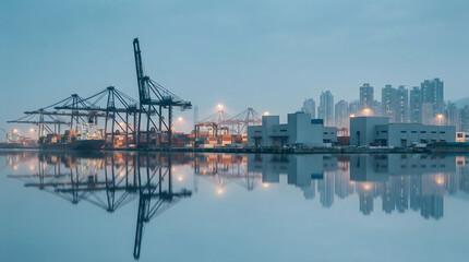 Fototapeta premium Port container terminal with cranes reflecting in calm water against city skyline at dusk