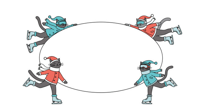 Group of four cats in winter hats and scarves ice skating around a central blank oval frame for text or photos.