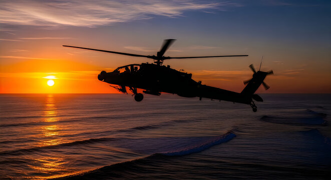 Silhouette of an Apache attack helicopter hovering low over the ocean at dusk searching for threats