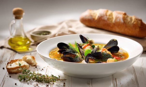 Delicious seafood stew with mussels, fresh thyme, and crusty bread