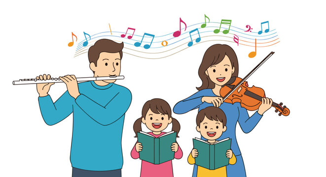 Happy family of parents and children playing musical instruments including flute and violin while kids sing from songbooks together.