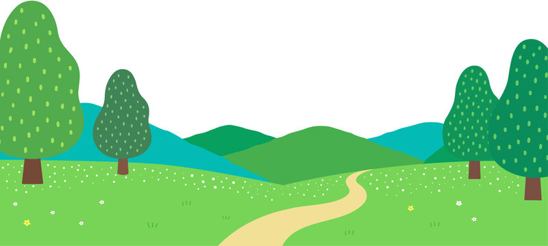 Flat landscape vector illustration with green hills trees and winding path