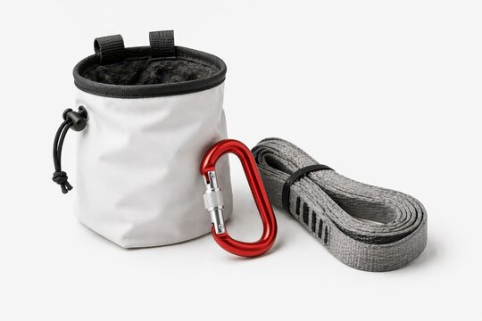 red climbing carabiner with locking clutch resting beside a matte white chalk bag and a neatly rolled gray webbing sling on white background premium rock climbing accessories concept