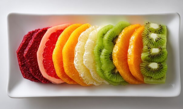 Fresh fruit slices on white plate: grapefruit, orange, lemon, kiwi, mandarin