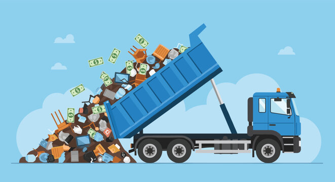 Blue dump truck unloading a large pile of garbage mixed with paper money on a blue background with clouds representing waste cost.