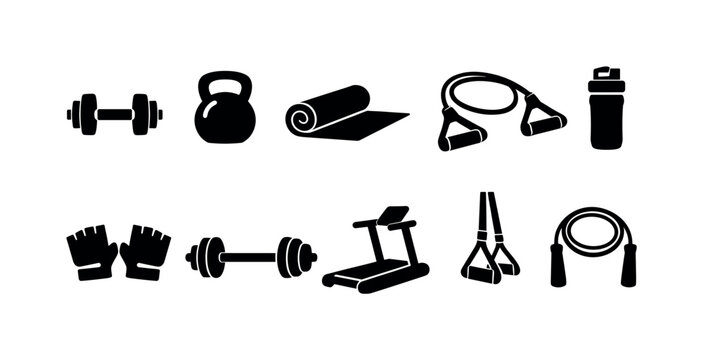 Collection of black fitness equipment icons on a white background for workout planning