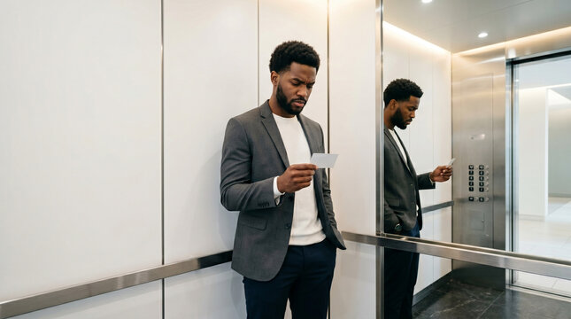 Young Black man in business casual attire stares at his business card in elevator mirror, expression uncertain, first-generation professional self-doubt, workplace identity, imposter syndrome corpor