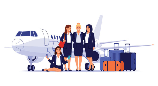 Team of professional female flight attendants in navy blue uniforms posing with luggage in front of a white private jet on the runway.