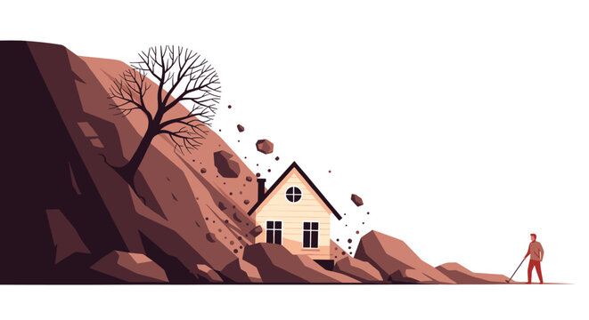 Natural disaster scene showing a massive landslide with falling rocks and soil destroying a small house on a hill with a person watching.