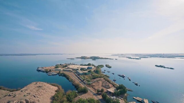 wide shot aerial view of lake naser and high dam in aswan, egypt