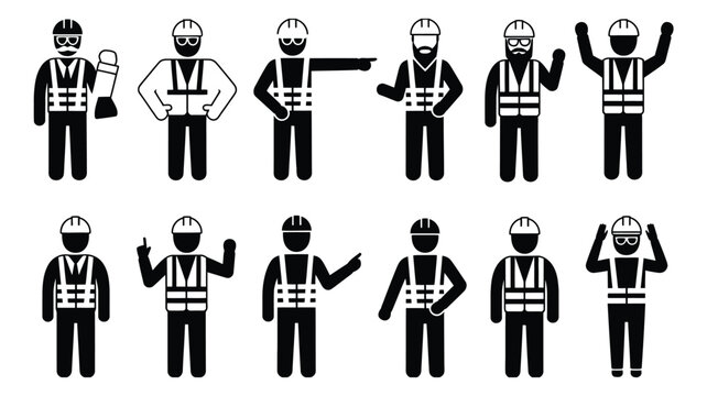 Construction worker stick figure icons wearing hard hats and safety vests. Flat vector illustration set for workplace safety, construction site signage, and industrial training materials.
