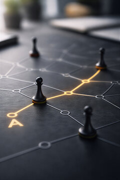 Strategic business planning concept with chess pawns on connected network path