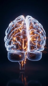 Human brain illuminating with vibrant orange electrical neural impulses and glowing synapses, showcasing complex thought processes and active cognition in a dynamic abstract medical animation.