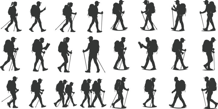 Silhouettes of people hiking a collection of diverse walking poses