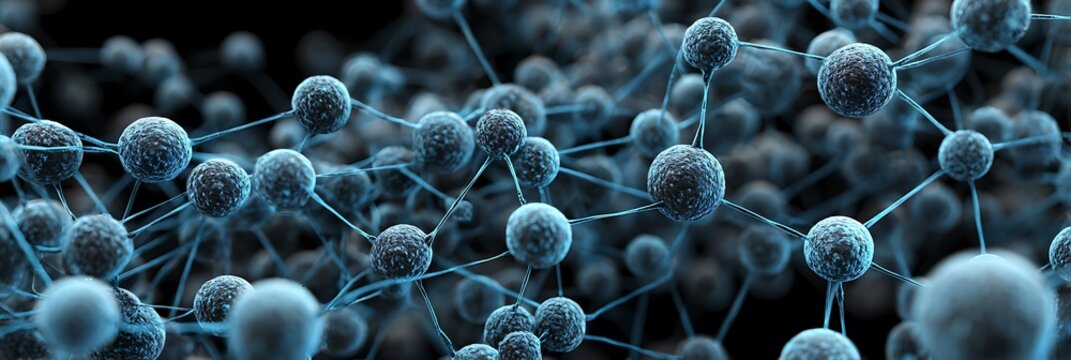Molecular structure featuring interconnected blue spheres representing biological cells or data points in a complex scientific visualization with shallow depth of field and dark background