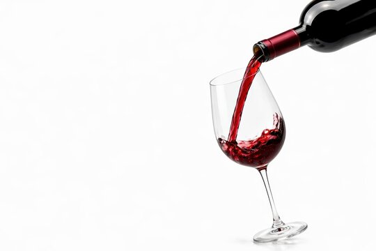 red wine pouring from a bottle into a slender wineglass in a sweeping diagonal composition spacious horizontal wallpaper layout refined hospitality advertising concept clean flowing stream