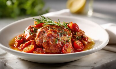 Fototapeta premium Chilled white bowl features succulent chicken thighs in tomato sauce