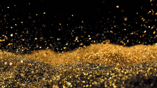 Golden confetti frozen in motion against dark background, celebrating energy and sparkle.
