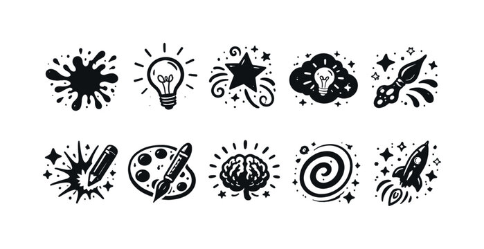 Collection of creative symbols including a lightbulb, paintbrush, and rocket