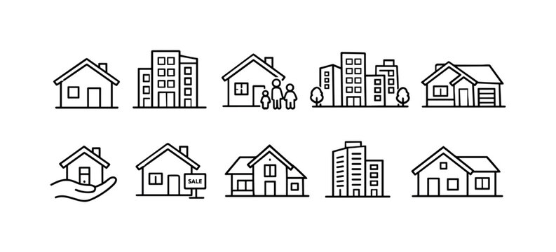 Collection of simple line art icons representing various residential and commercial buildings