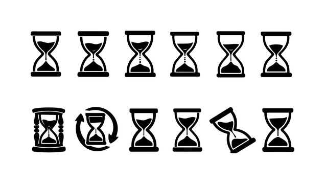 Collection of diverse hourglass icons representing time passing and measurement
