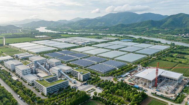 Aerial view of a photovoltaic industrial park with construction site and completed factory buildings