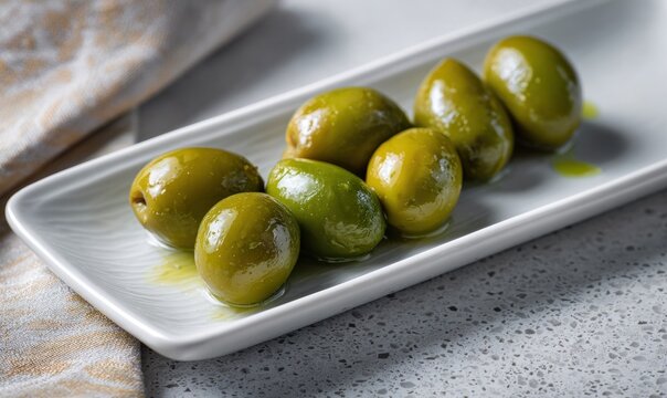 Close-up of plump green olives in oil on a white plate