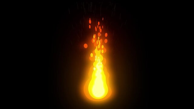 Cartoon Style 2D Fire Flame glowing Animation on Black Background; Hand Drawn Motion Graphics Burning Effect for Gaming and Creative Video Editing.