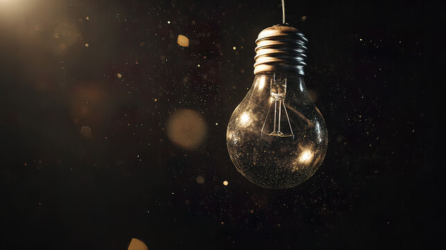 A glowing lightbulb suspended in darkness, surrounded by golden particles for an abstract effect.
