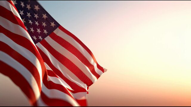     American Flag Waving Against Soft Sunset Sky with Patriotic Minimal Background