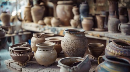 Fototapeta premium A variety of clay pots and jugs on wooden shelves provide an authentic backdrop for advertising craft workshops, ethnic goods or materials relating to traditional art.