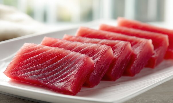 Raw tuna steaks on white dish, ready for culinary use