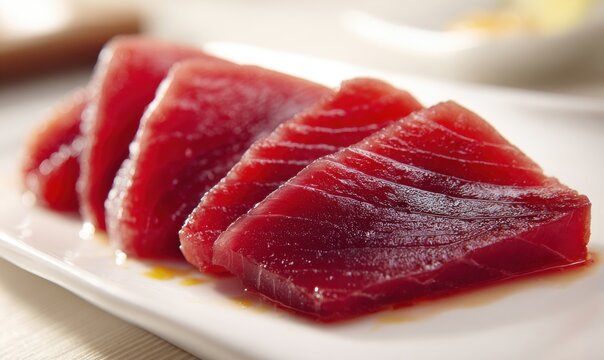 Sliced raw tuna with rich red hue and marbled texture on white plate