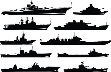 Obraz premium Set of black silhouettes of various military warships and naval vessels on a plain background