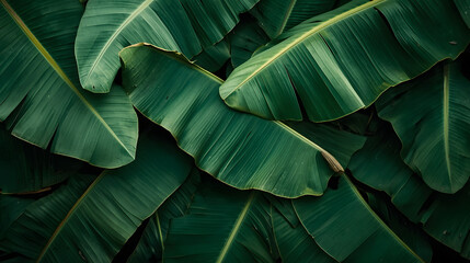 Obraz premium A close-up, overhead view of lush, dark green banana leaves overlapping each other.