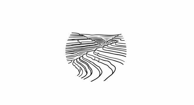 Stylized black and white depiction of tiered agricultural fields descending into a ravine