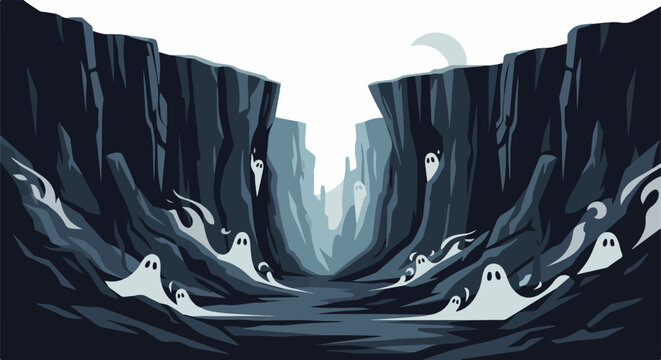 Spooky pixel art scene with ghosts in a dark, misty canyon under a crescent moon