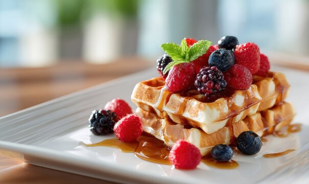 Delicious waffles with assorted berries, mint, and syrup on white plate